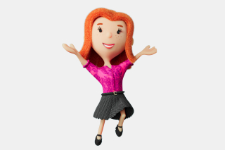 Brand mascot - Animated character resembling a young adult, with curly red hair, wearing a pink blouse and grey skirt, spreading arms wide with a joyful expression.